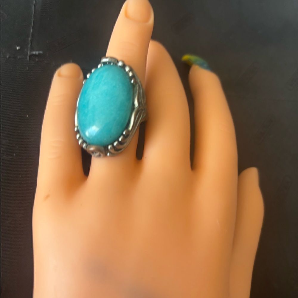 Turquoise Silver gem stone  Ring vintage embroidered design unisex jewelry